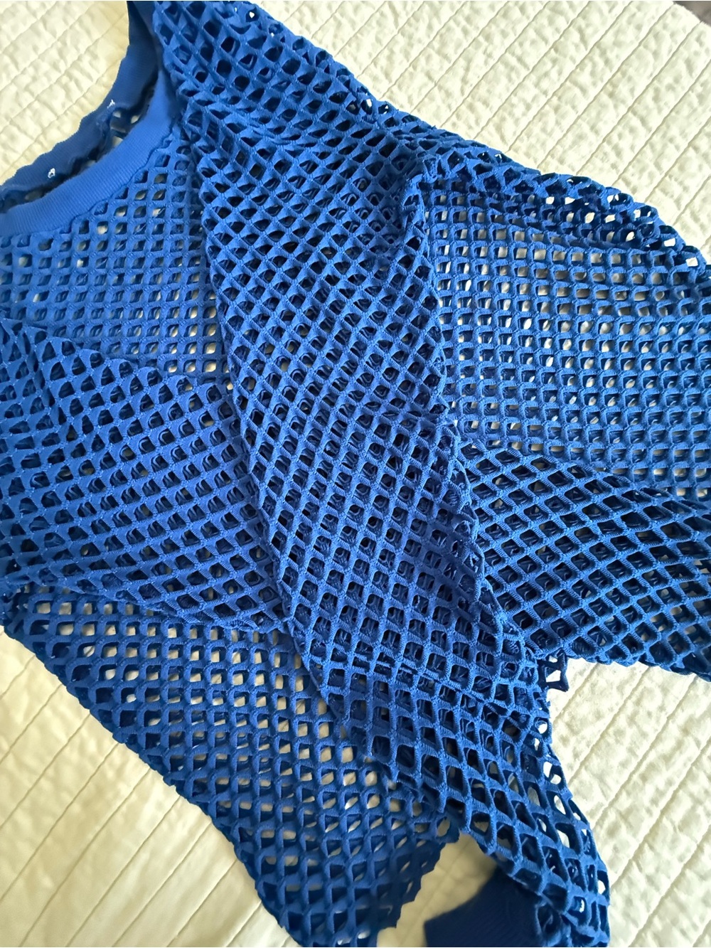 Blue Open-Knit Mesh crop top